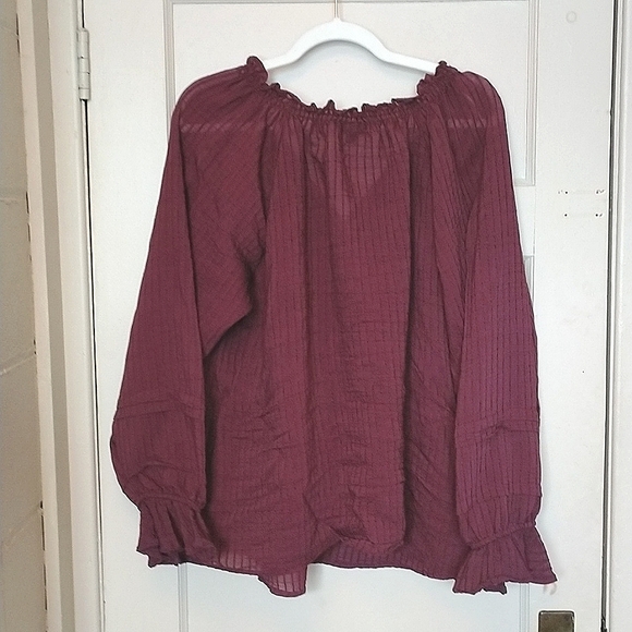 EUC Torrid Size 2X Burgundy Stripe Gauze Lace Up Peasant Top - Picture 14 of 15